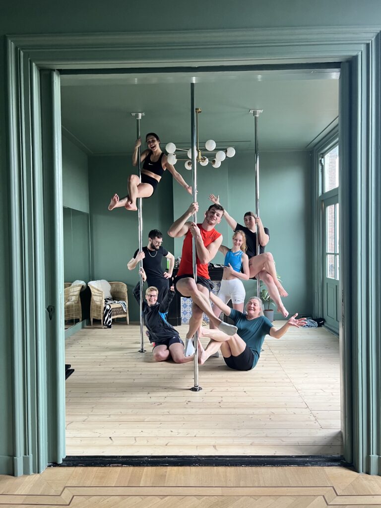 Groepsfoto van een paaldans workshop. Allemaal mensen rond de paal die op een groepsfoto staan lachend